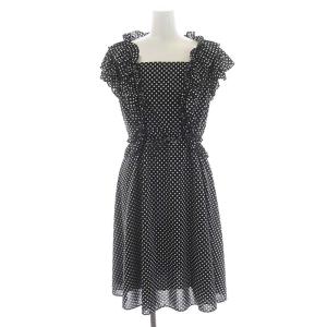 ドット フリル ワンピース フレンチスリーブ ミモレ丈 ロング 40 黒 白 ブラック ホワイト