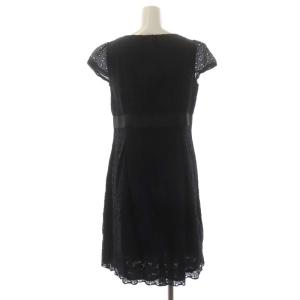 M'S GRACY アイレットレース リボン ワンピース フレンチスリーブ ロング フレア タック スクエアドット 花柄 袖シアー 40 黒 ブラック