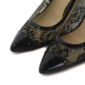 ESTNATION パンプス ポインテッドトゥ ハイヒール エナメル レース 切替 351/2 22.5cm 黒 ブラック