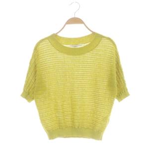 リネン混レースニット カットソー 五分袖 38 黄緑 イエローグリーン