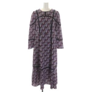 21AW 小花パッチレース切替ワンピース 長袖 ロング 38 黒 紫 水色