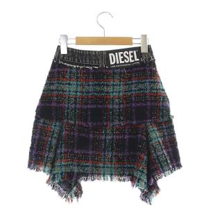 DIESEL チェック柄ミニスカート ニット フレア デニム切替 フリンジ 23 ブラック マルチカラー