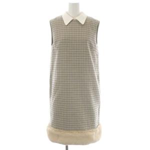 22AW 裾ファー切替Aラインワンピース チェック 膝丈 ノースリーブ 36 ベージュ 黒 グレー