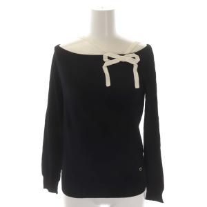 リボン 薄手 ニット カットソー 長袖 XS 黒 白 ブラック ホワイト