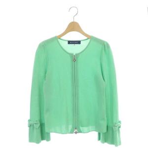 リボン ジップアップカーディガン ニット 長袖 ベルスリーブ 38 緑 グリーン