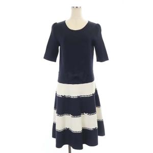 リボン ニットワンピース ひざ丈 半袖 38 紺 白 ネイビー ホワイト