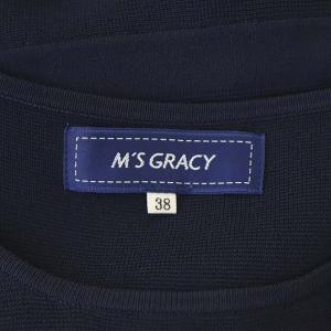M'S GRACY リボン ニットワンピース ひざ丈 半袖 38 紺 白 ネイビー ホワイト