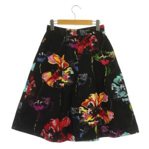 ANAYI スカート タック 花柄 ひざ丈 フレア 38 黒 マルチカラー ブラック