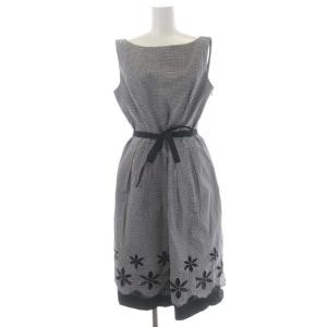 ギンガムチェック ワンピース 膝丈 ノースリーブ ベルト付き 42 黒 白 ブラック ホワイト