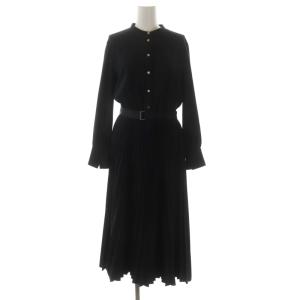 バックサテンプリーツワンピース 長袖 ロング ベルト付き 38 濃紺 ダークネイビー