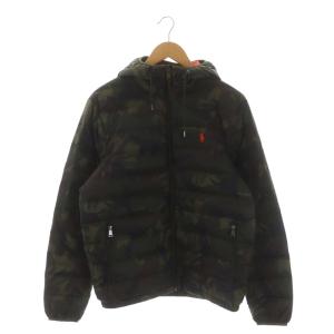 迷彩 フーデッド ダウンジャケット アウター 総裏地 ジップアップ S カーキ 緑 黒 茶色