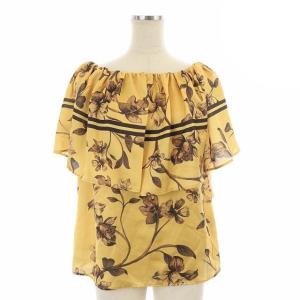 22AW フラワーライントップ ブラウス プルオーバー フリルカラー 半袖 花柄 36 オレンジイエロー 茶 ブラウン