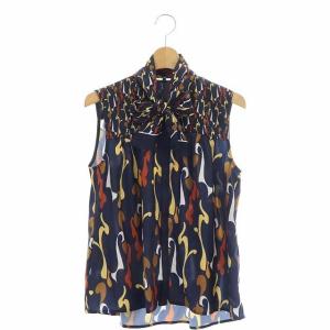 21AW キカパターンプリントブラウス ボウタイ 前開き ノースリーブ 36 紺 ネイビー マルチカラー