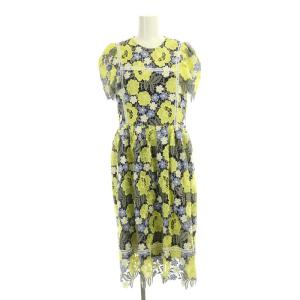 Chesty 21SS カラフルレースワンピース 花柄刺繍 ミモレ丈 ロング 半袖 0 紺 黄色 マルチカラー