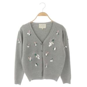 フラワー刺繍カーディガン ニット 長袖 Vネック ビジュー パール アンゴラ混 F グレー マルチカラー