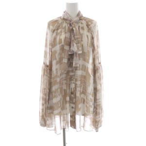 21AW デジタルプレイドプリントブラウス シフォン 長袖 リボン 38 ライトブラウン オフホワイト