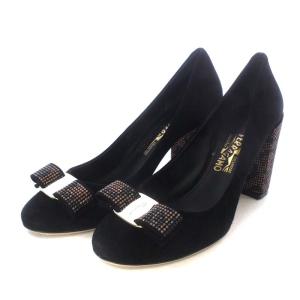 VARA85 パンプス チャンキーヒール ヴァラ リボンモチーフ スタッズ スエード 24cm