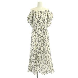 23SS 2wayデザインプリントワンピース ロング 五分袖 ボタニカル柄 ストレッチ 1 アイボリー 黒 ブラック