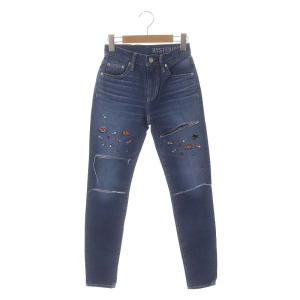 刺繍加工デニムパンツ ジーンズ スキニー テーパード スリム 23 インディゴブルー
