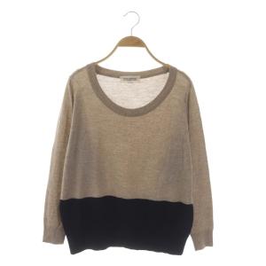 クルーネックバイカラーニット セーター 長袖 S ライトブラウン 紺 ネイビー
