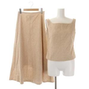 セットアップ 上下 リーフ刺繍 トップス カットソー ノースリーブ フレアスカート ロング M ピンクベージュ