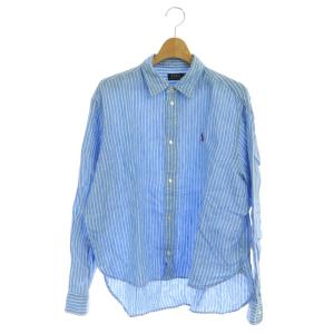 リネンシャツ ストライプ 長袖 M ライトブルー 白 ホワイト