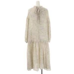 IENA 22AW シャドーフローラルワンピース 長袖 ロング フレア キーネック ギャザー 総柄 36 ベージュ グレー 白