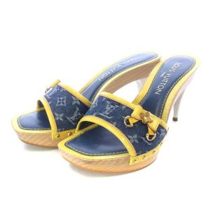 LOUIS VUITTON モノグラム ミュール サンダル ピンヒール デニム リボンモチーフ 35.5 23cm 紺 ネイビー