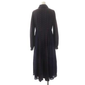 Chesty レースプリーツワンピース 長袖 ロング ドット パールボタン 1 紺 赤 ネイビー レッド