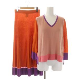 セットアップ 上下 カラーブロック ニットプルオーバー カットソー 長袖 プリーツスカート ロング フレア M マルチカラー