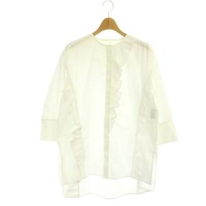 7分袖ノーカラーフリルブラウス 前開き 38 白 ホワイト