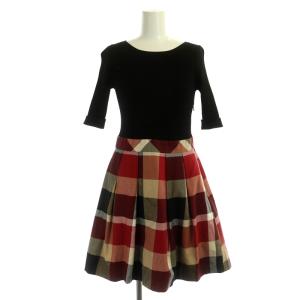 チェックドッキングワンピース リブニット 半袖 ミニ 38 黒 赤 ベージュ