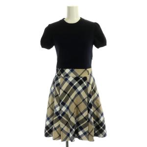 BLUE LABEL CRESTBRIDGE チェックドッキングワンピース ニット 半袖 パフスリーブ ミニ 36 紺 ベージュ ネイビー