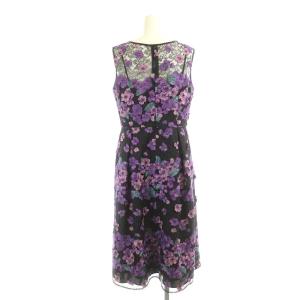 GRACE CONTINENTAL フラワーボーダー刺繍ワンピース ノースリーブ ロング 38 黒 紫 ブラック パープル
