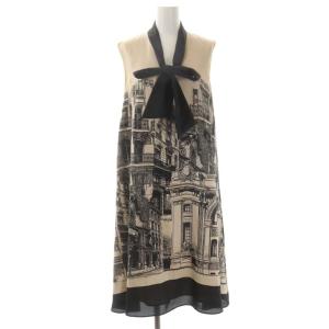 プリントボウタイワンピース ノースリーブ ミモレ丈 ロング 38 ベージュ 黒 ブラック