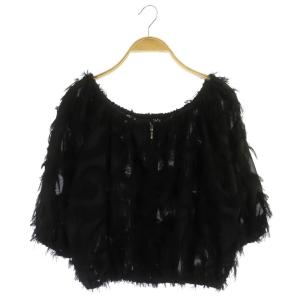 ノーカラーショートカーディガン 五分袖 フリンジジャガード ジップアップ 36 黒 ブラック