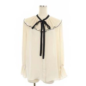 プリーツバイカラーブラウス 長袖 襟付き シアー 36 ライトベージュ 黒 ブラック