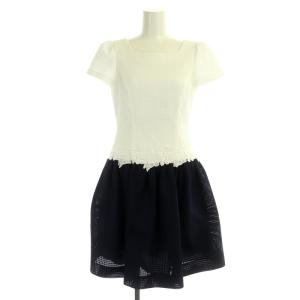 メッシュ ワンピース 花 レース ひざ丈 半袖 切替 36 白 紺 ホワイト ネイビー