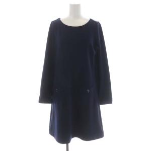 ワンピース 長袖 膝丈 バックリボン ウール混 38 紺 ネイビー マルチカラー