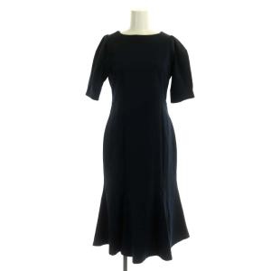 タイトヘムワンピース ロング 五分袖 マーメイド パフスリーブ ストレッチ 36 紺 ネイビー
