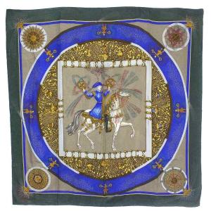 スカーフ カレ90 Feux d'Artifice 技巧の火 花火 ナポレオン150年周年記念 シルク カーキ ベージュ 青