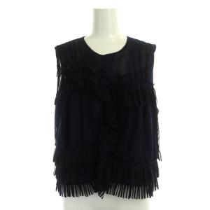 23SS ストライプチュールノースリーブ トップス カットソー ブラウス 36 紺 濃紺 ネイビー ダークネイビー