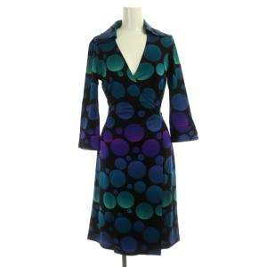 ドット柄カシュクールワンピース 長袖 ミモレ丈 ロング ラップ調 水玉柄 シルク 0 黒 緑 青 紫