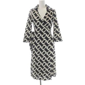 vintage シルク総柄カシュクールワンピース ラップワンピース ひざ丈 七分袖 0 黒 ブラック オフホワイト