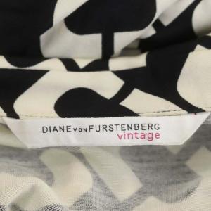 DIANE von FURSTENBERG vintage シルク総柄カシュクールワンピース ラップワンピース ひざ丈 七分袖 0 黒 ブラック オフホワイト