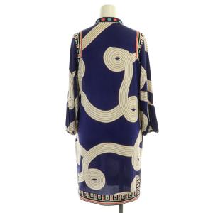 DIANE von FURSTENBERG シルク総柄スキッパーネックワンピース 膝丈 長袖 フレア 2 青 マルチカラー ブルー