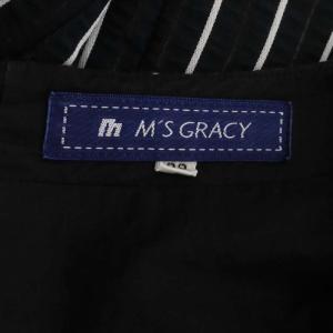 M'S GRACY ストライプスクエアネックワンピース 膝丈 ノースリーブ ティアード チュール 38 黒 ブラック オフホワイト