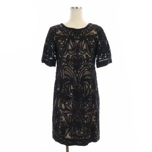 コード刺繍ワンピース ドレス チュール ひざ丈 半袖 34 黒 ブラック グレージュ