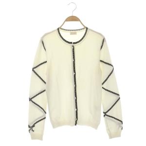 ナイロンリボン柄カーディガン ニット 長袖 44 8 オフホワイト 黒 ブラック