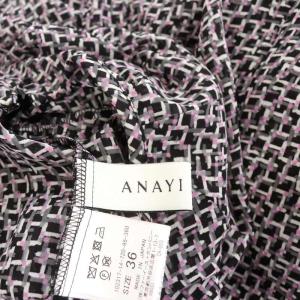 ANAYI 23SS スクエアジオメトリック プリントワンピース パフスリーブ 半袖 ロング ベルト付き 36 黒 白 ピンク